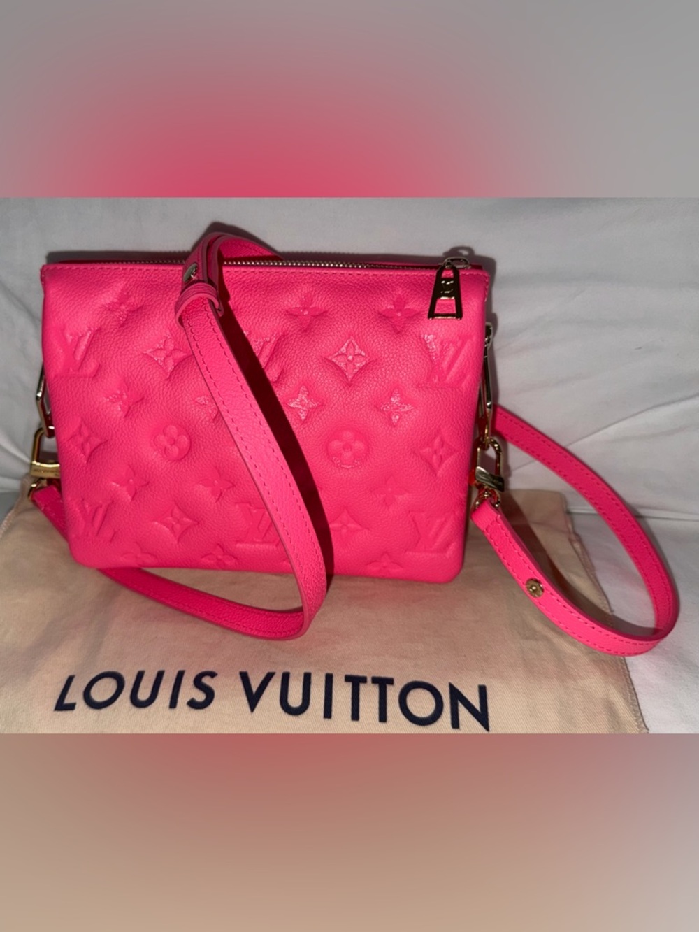 Louis Vuitton neon pink monogram empreinte coussin bb crossbody gold